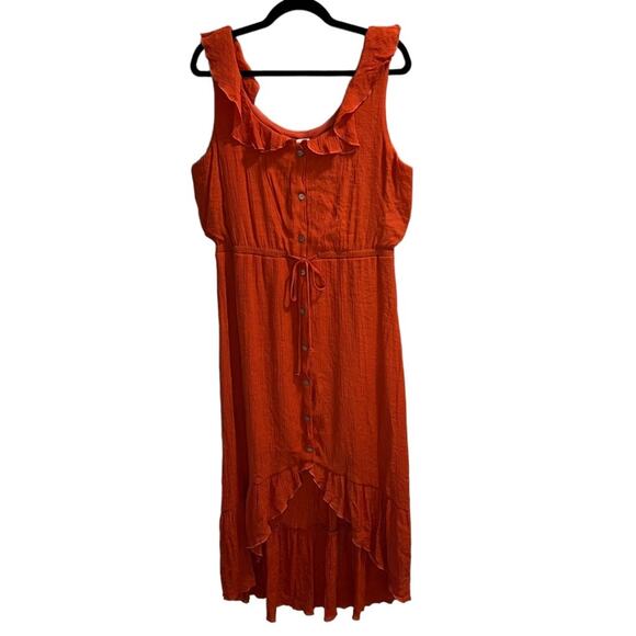 Luxology Size L Sleeveless Asymmetrical Hem Dress Orange Buttons Elastic Waist - Picture 13 of 15